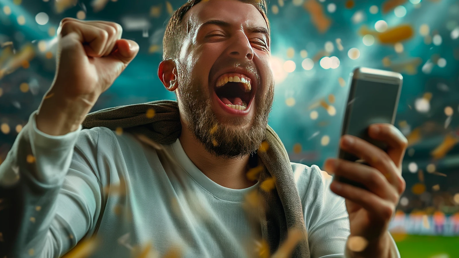 Logo da EstrelaBet em um celular, com um estádio de futebol ao fundo, representando as apostas esportivas.